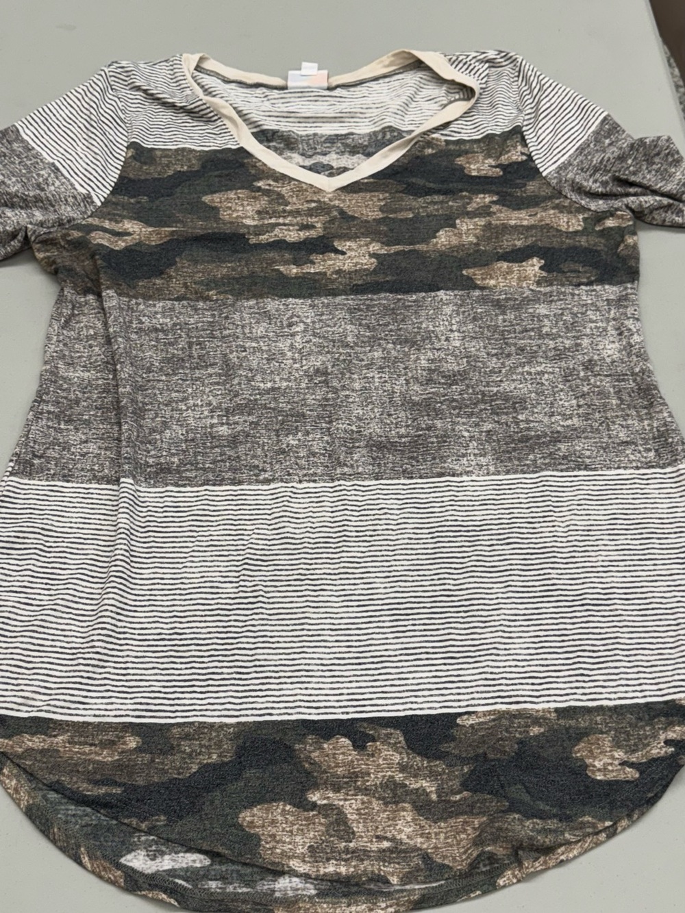 LuLaRoe Striped & Camo V‑Neck Top — Cream, Gray, Olive